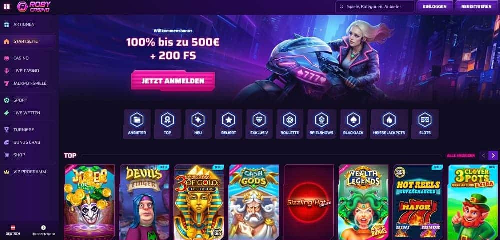 Screenshot der Roby Casino-Seite mit einem Raster beliebter Slot-Spiele wie Big Bass Bonanza, Wolf Gold und Gates of Olympus sowie Anbieternamen.