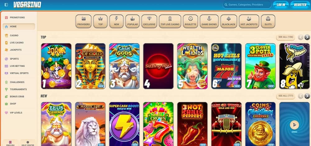 Vegasino Casino-Startseite mit elegantem dunklem Design und auffälligen Werbebannern, die Boni wie 100 % bis zu 500 € und 200 Freispiele anbieten, sowie Bereiche für Casinospiele, Live-Casino, Sportwetten, virtuellen Sport, Turniere und ein VIP-Programm.